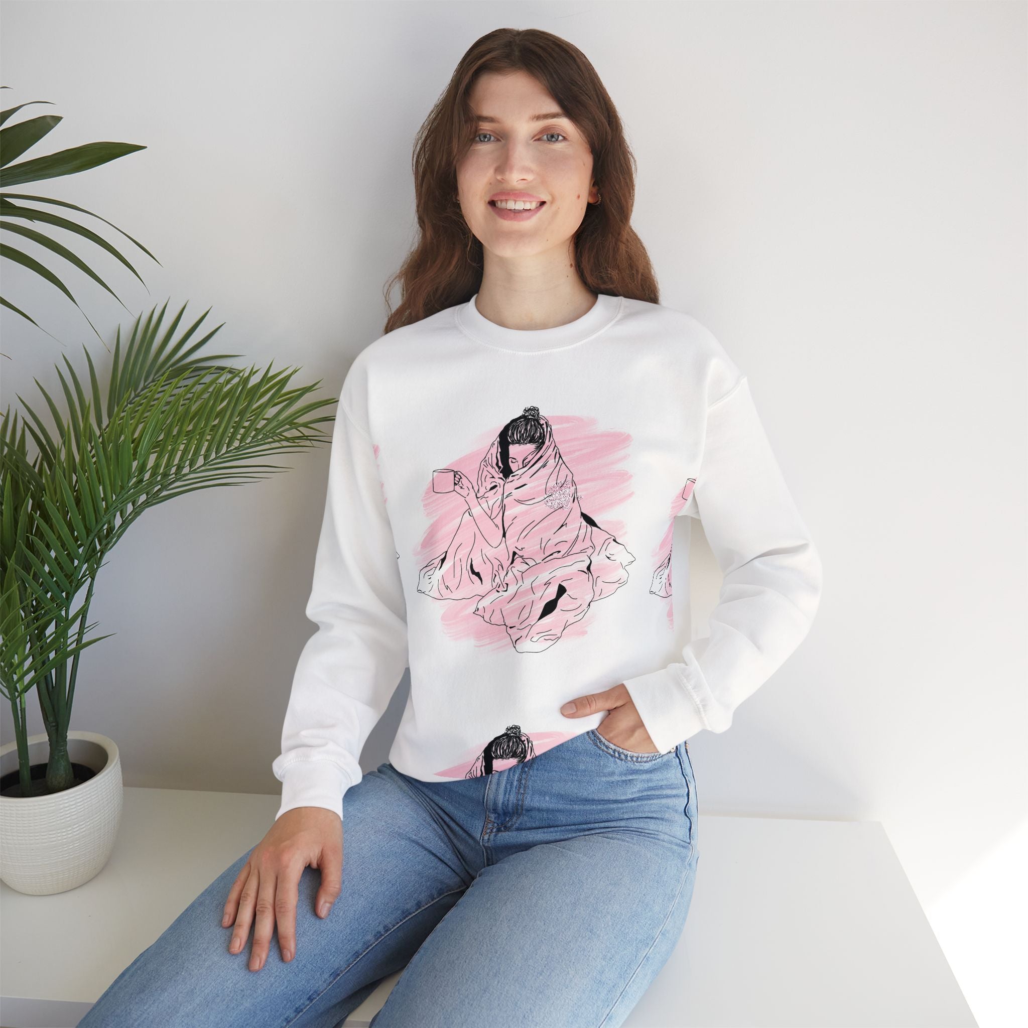 Cozy Girl Illustration Crewneck Sweatshirt — Pink Brushstroke Comfort