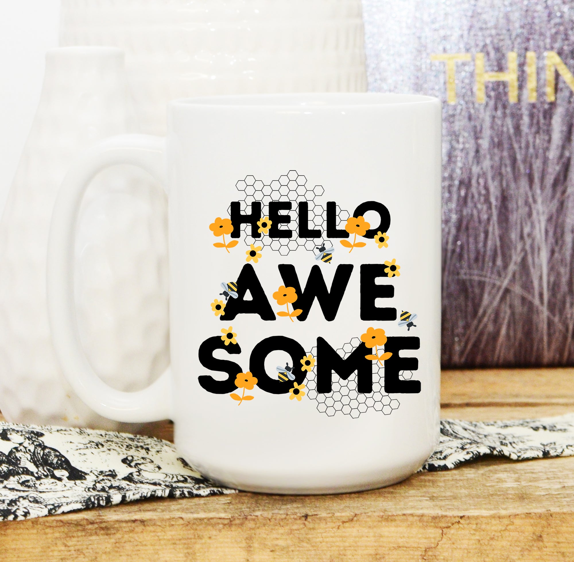 Hello Awesome Honeycomb Bee Coffee Cup (11oz, 15oz)