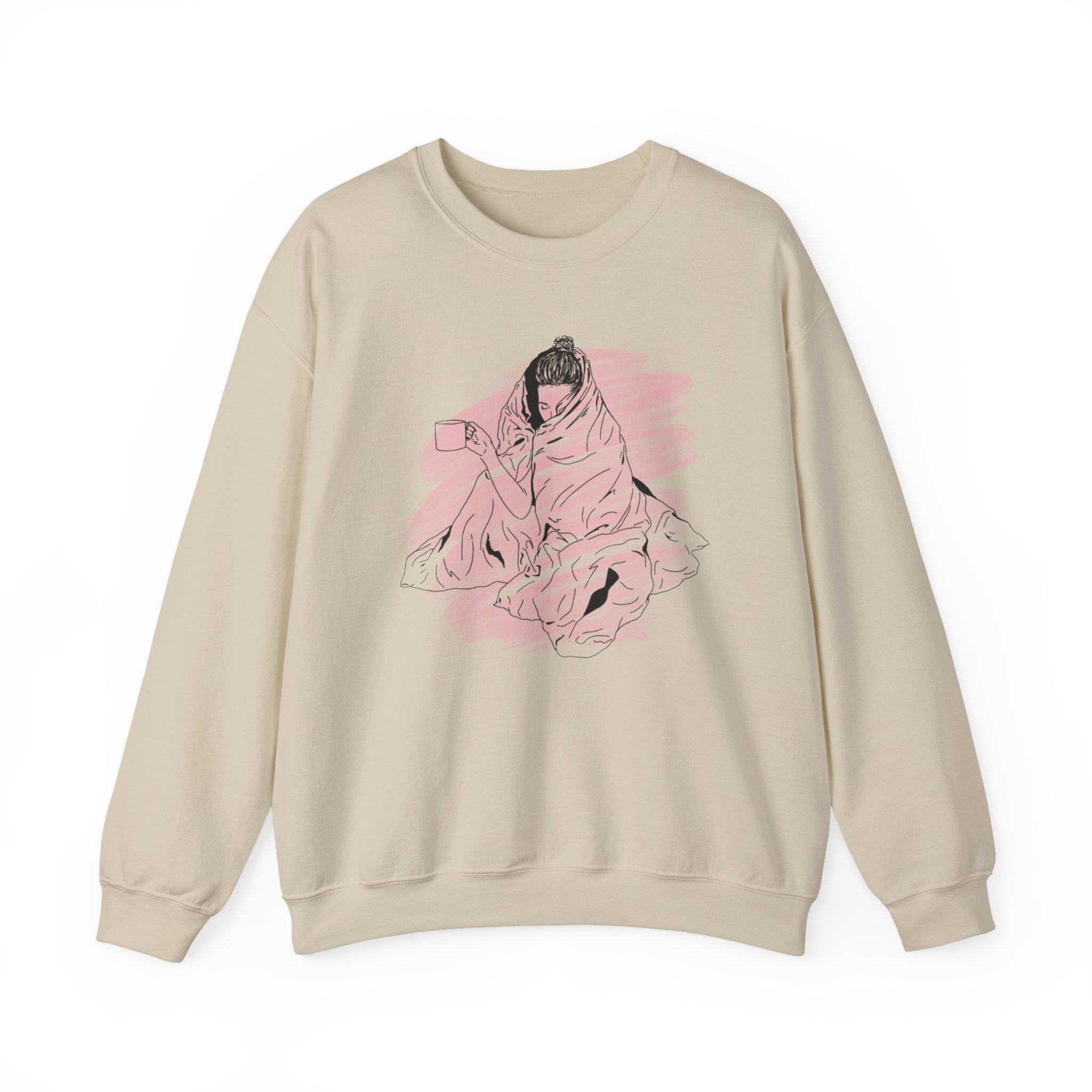 Cozy Girl Illustration Crewneck Sweatshirt — Pink Brushstroke Comfort