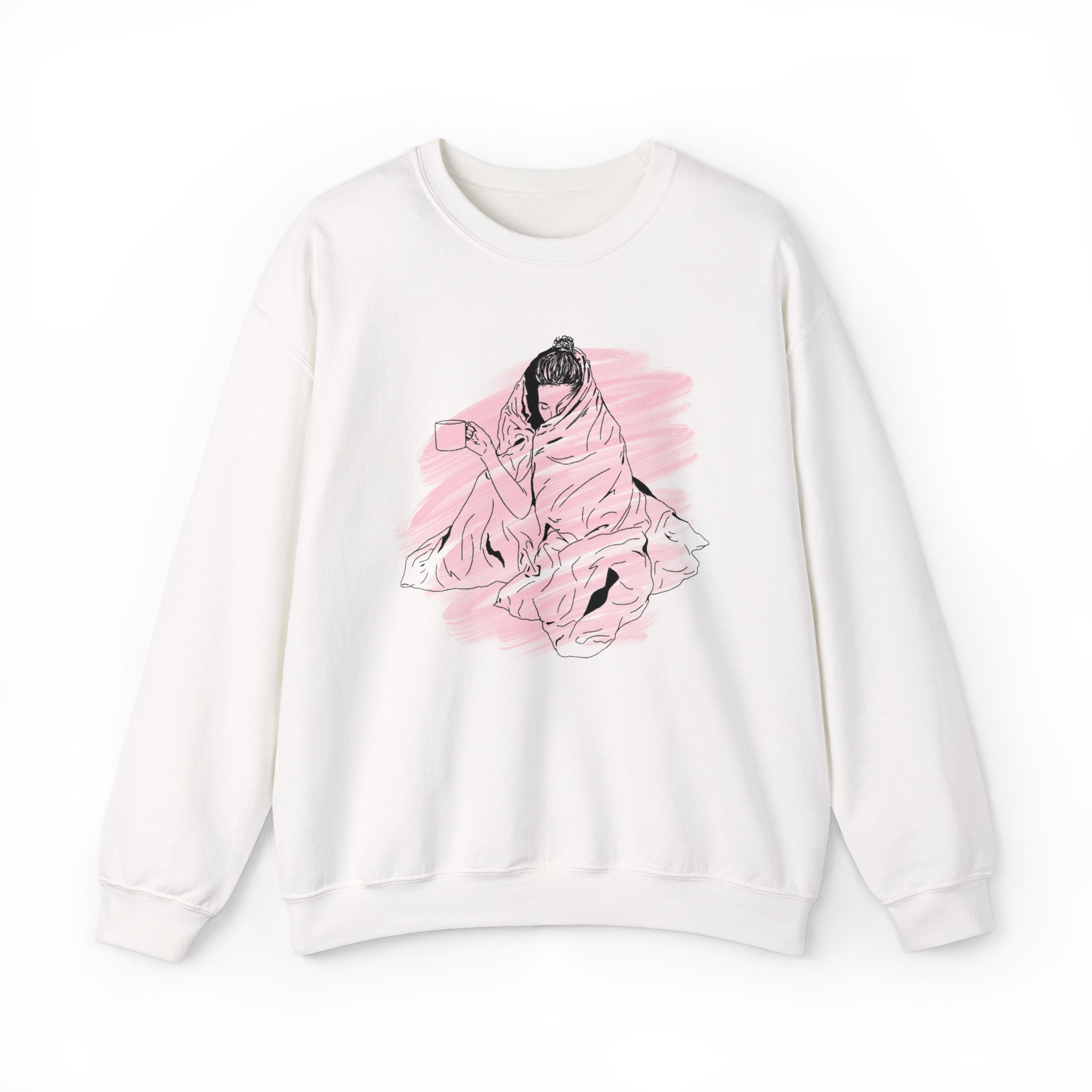 Cozy Girl Illustration Crewneck Sweatshirt — Pink Brushstroke Comfort