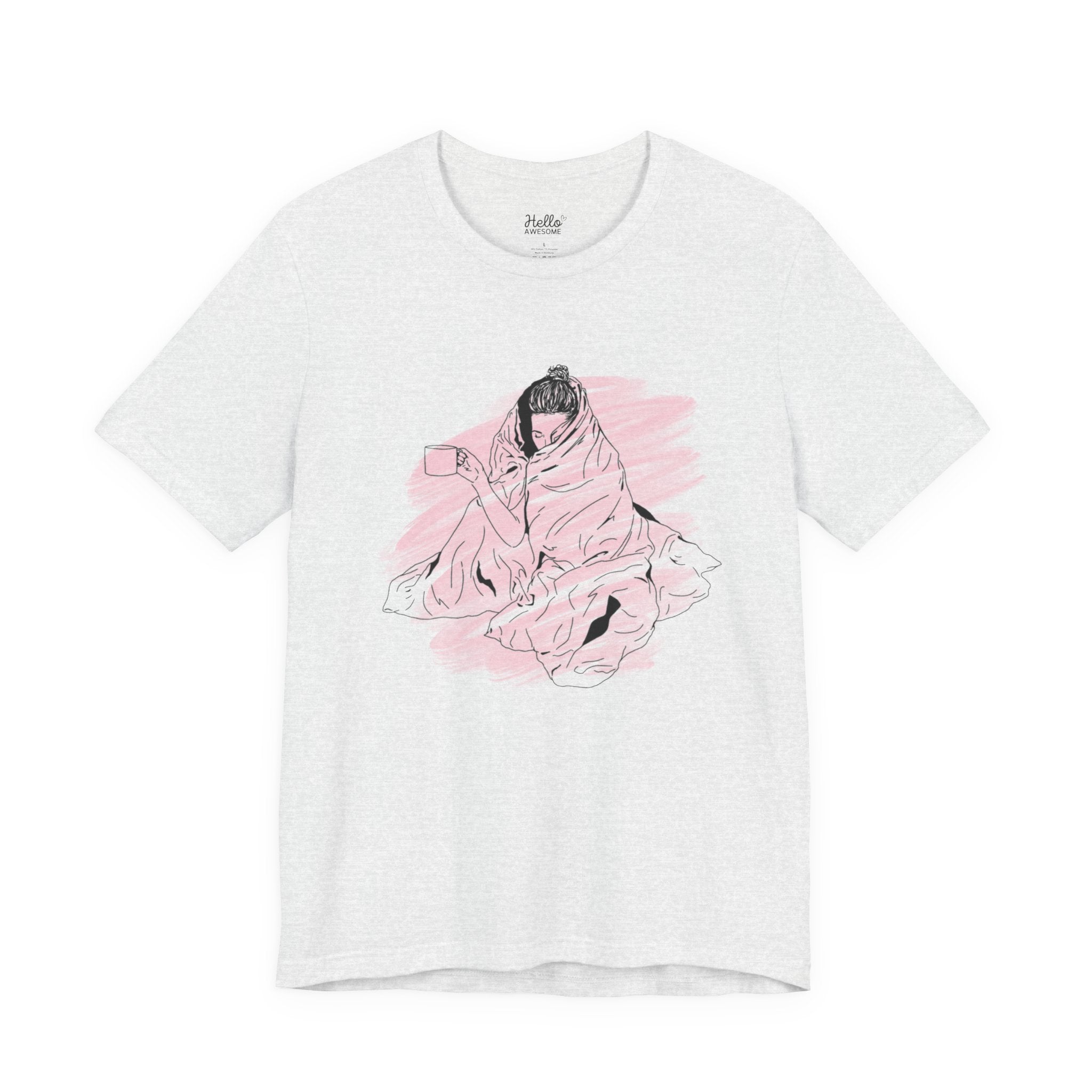 Cozy Morning Graphic Tee – Pink Blanket Illustration