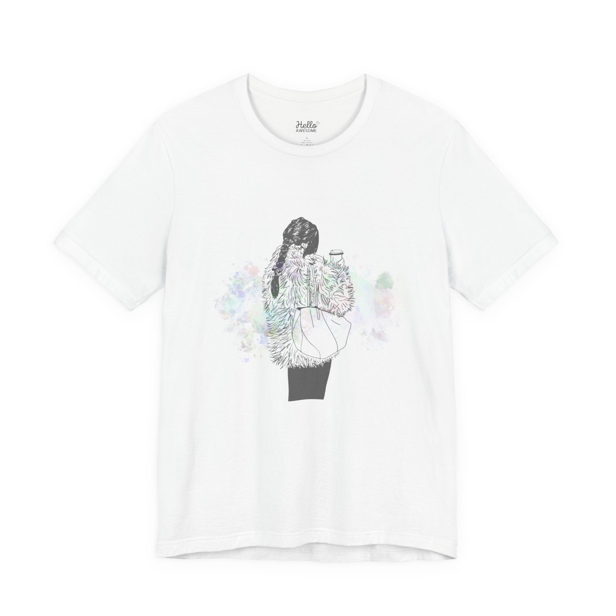 Colorful Latte Graphic Tee — Soft Sketch Illustration Shirt