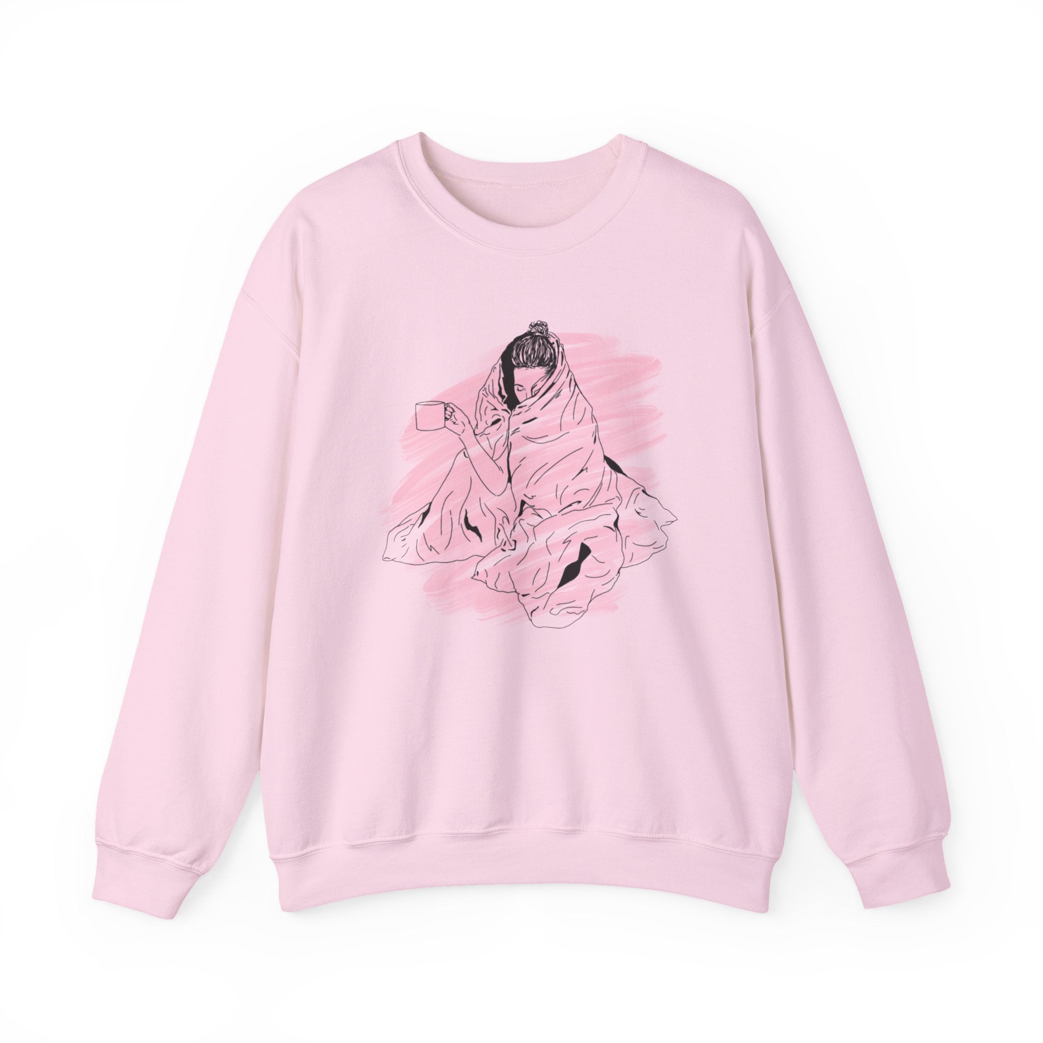 Cozy Girl Illustration Crewneck Sweatshirt — Pink Brushstroke Comfort