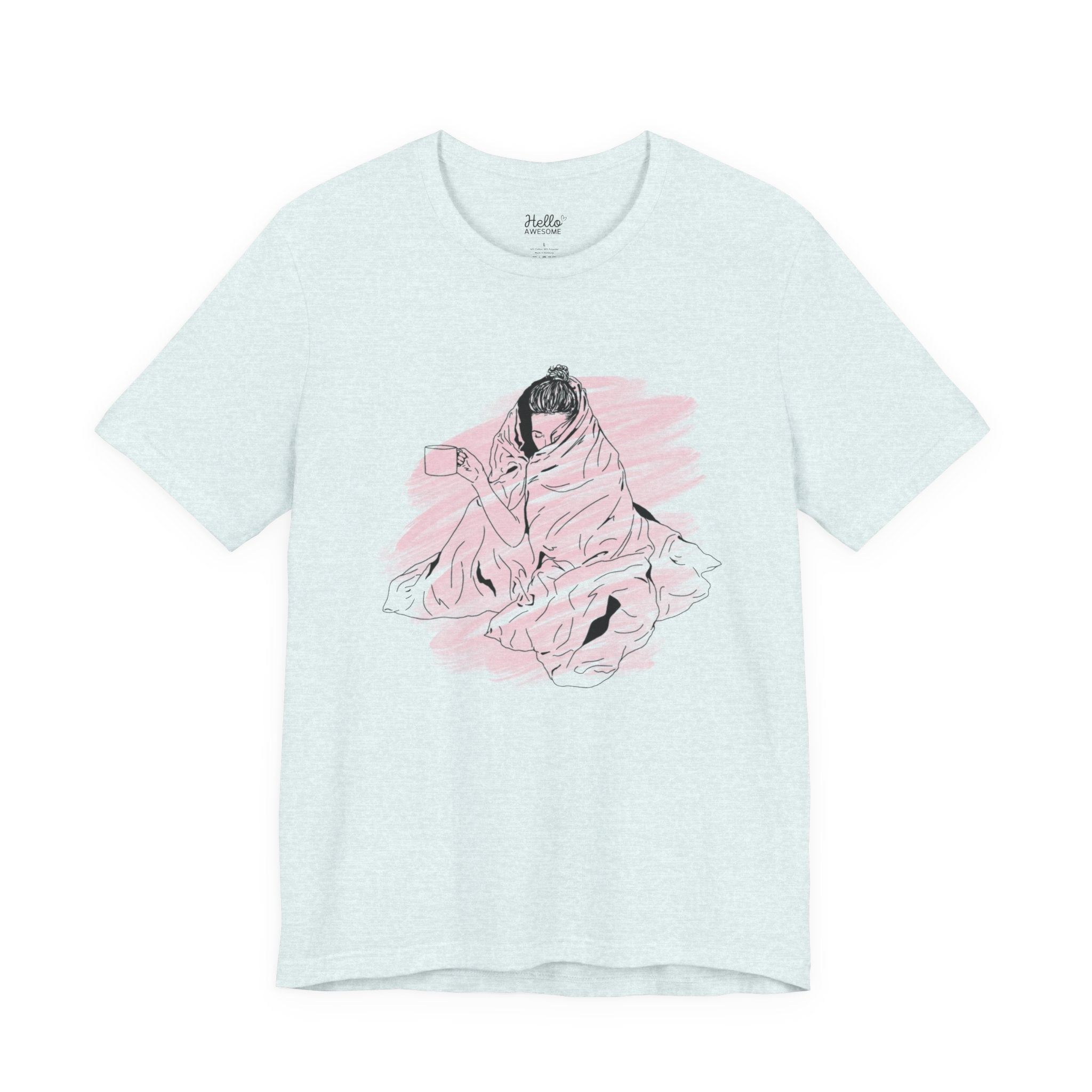 Cozy Morning Graphic Tee – Pink Blanket Illustration