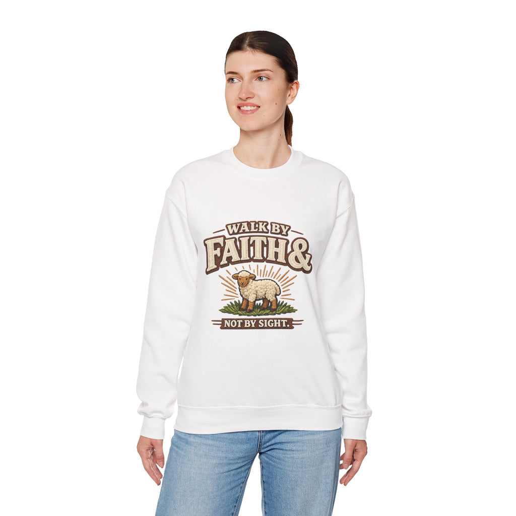 Faith & Lamb Crewneck Sweatshirt — "Walk by Faith, Not by Sight" Christian Pullover