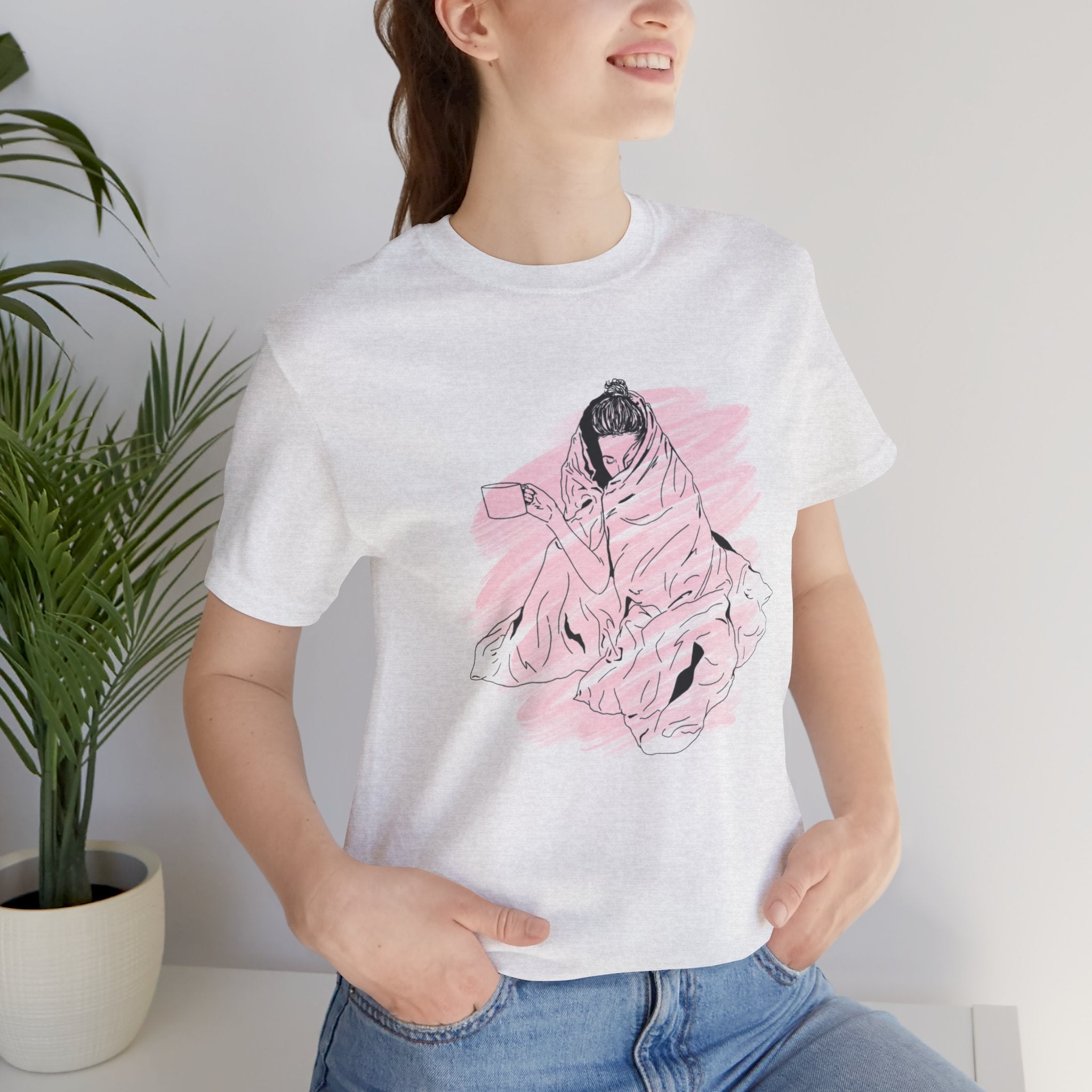 Cozy Morning Graphic Tee – Pink Blanket Illustration